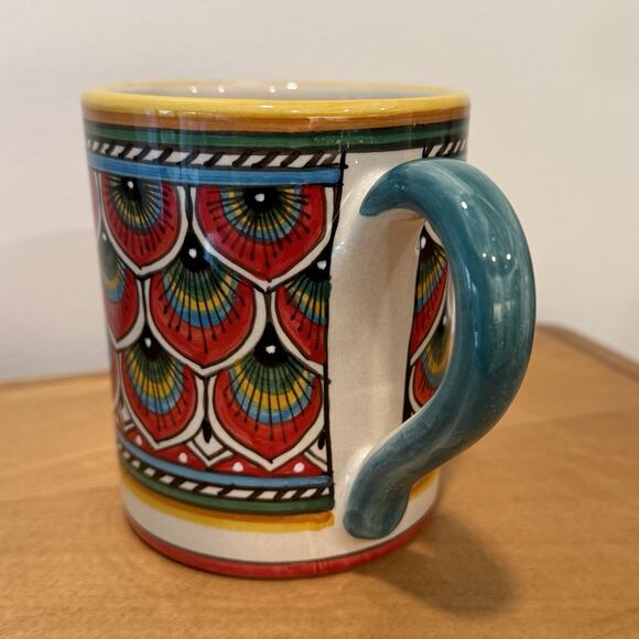 Sberna Deruta Italian Ceramic Mug Geometric Peacock Red Hand Made Pottery Mug - Picture 2 of 7